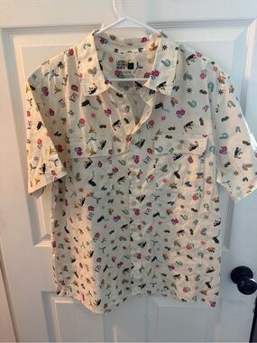Short Sleeve Printed Camp Shirt - Cream with Multicolor Icons